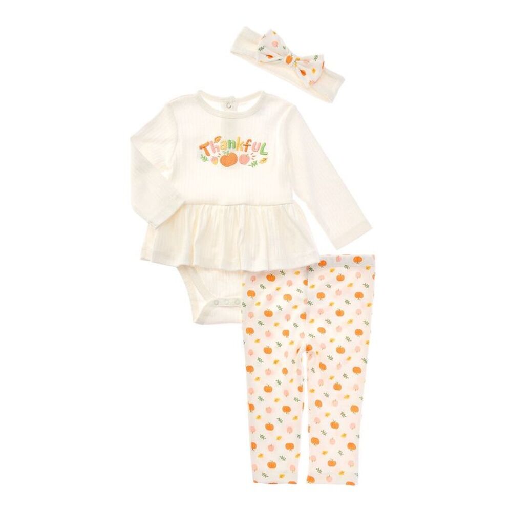 Little Me Girls Thankful Bodysuit Set, White